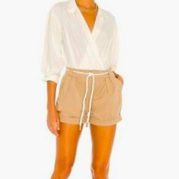 Frame Tan Khaki Front Pleats Rolled Hems Shorts Sz6 Pockets Zip Fly Button NWT - Picture 1 of 14